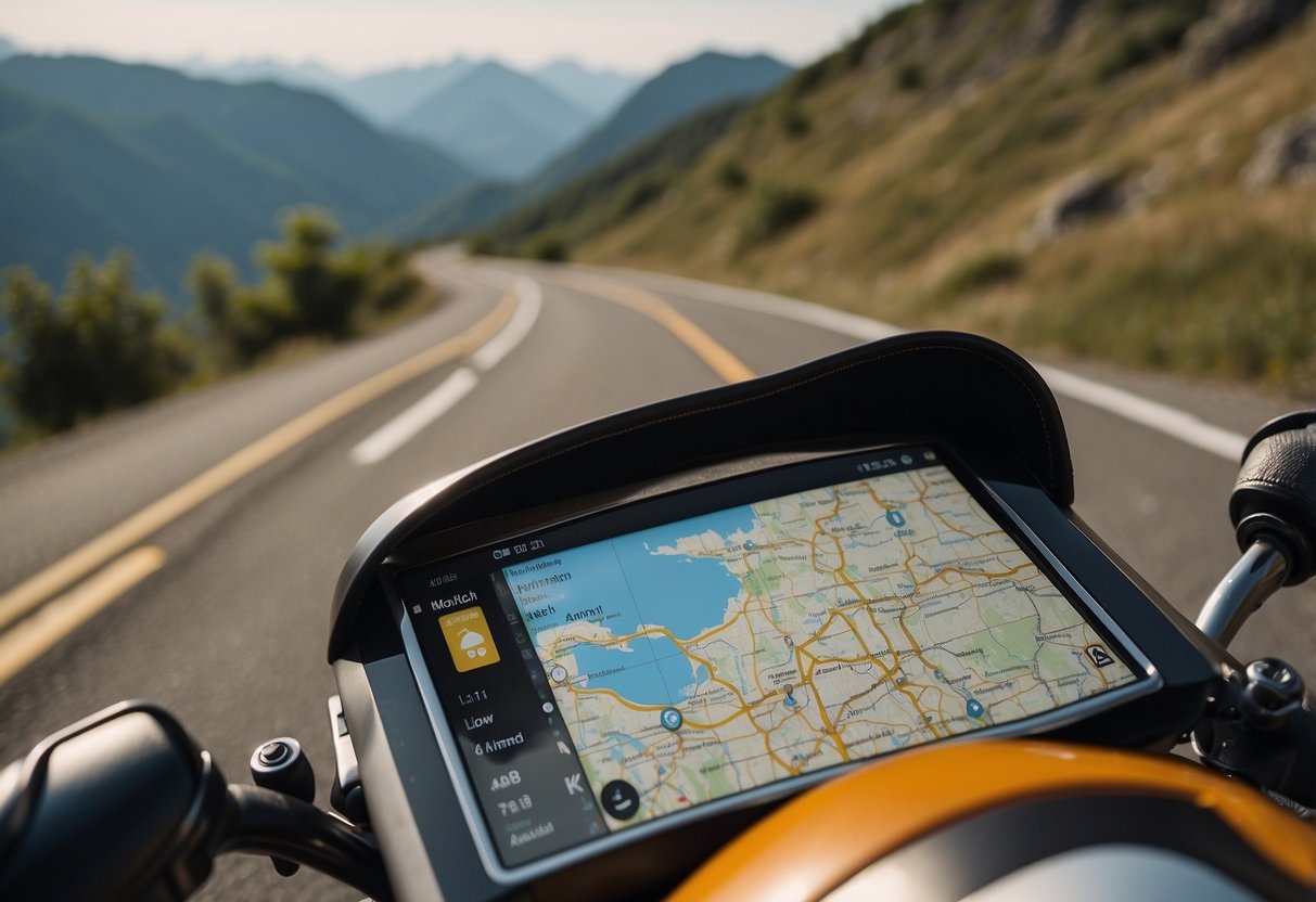 A motorcycle parked next to a scenic overlook with a map, compass, and GPS displayed on the handlebars. A road winding through mountains in the background