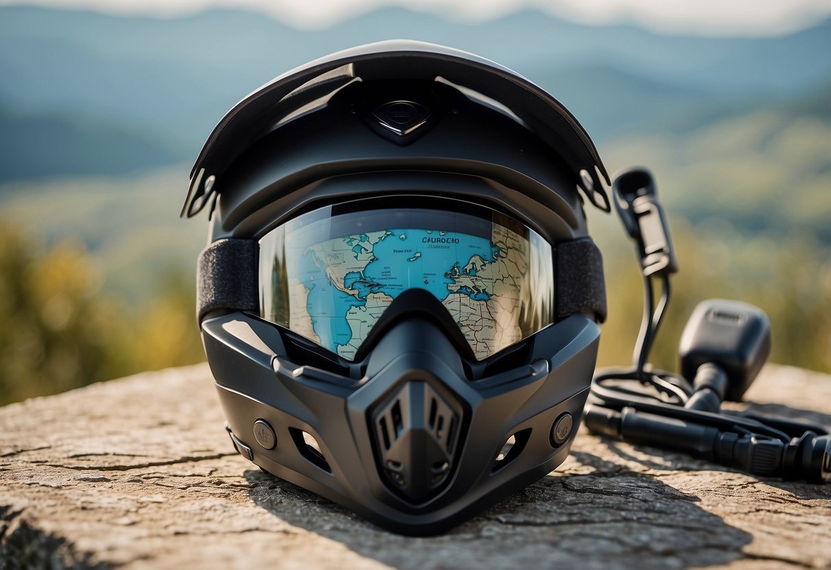 A motorcycle helmet with Cardo Packtalk Bold attached, surrounded by a map, GPS device, compass, and other navigation tools