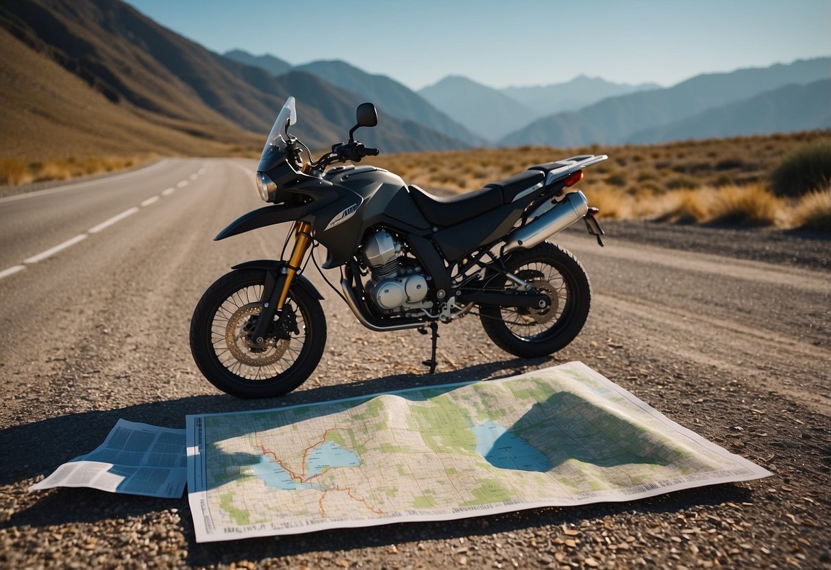 A motorcycle parked on a gravel road, surrounded by a scenic mountain landscape with a clear blue sky. A map, compass, and other navigation tools are laid out on the ground next to the bike