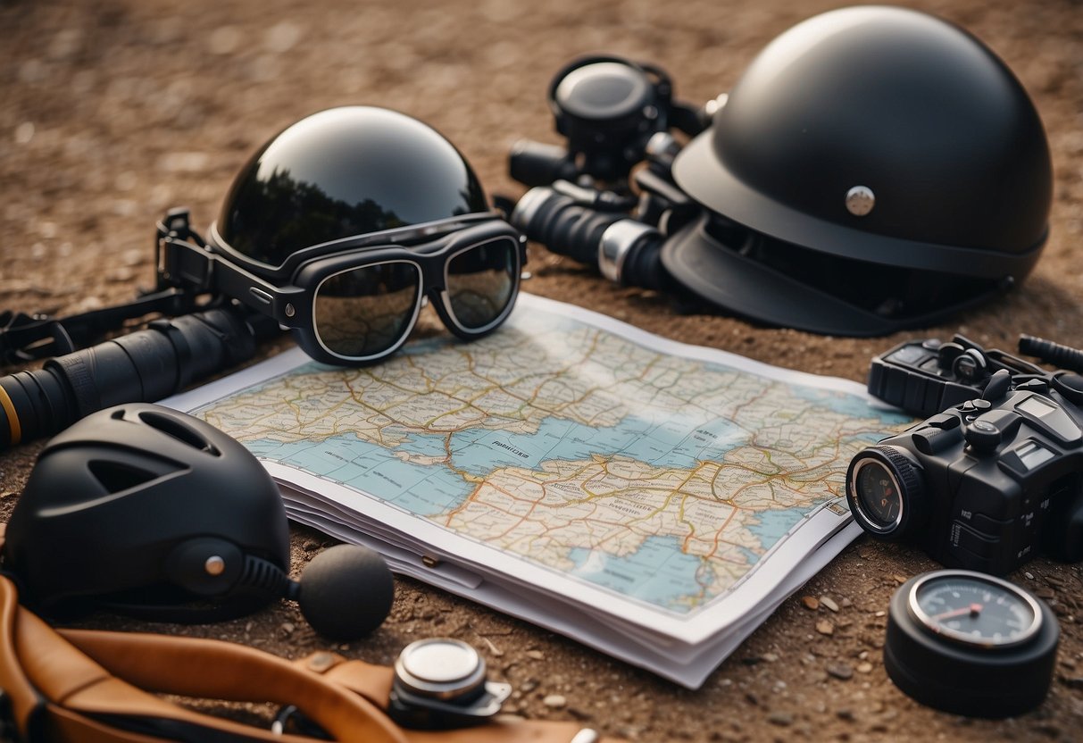 A motorcycle parked on a dirt road, surrounded by a map, compass, GPS, and other navigation tools. The rider's helmet and safety gear are neatly arranged nearby