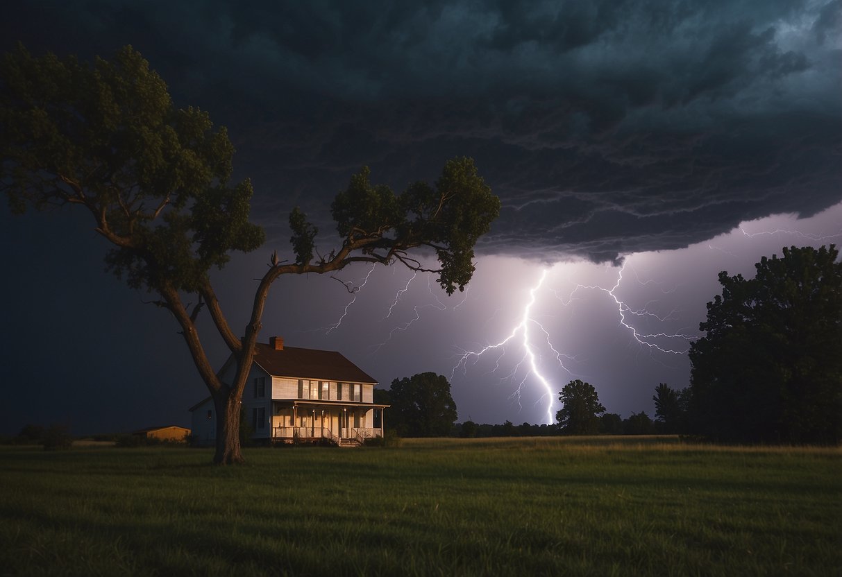 Dark storm clouds loom overhead as lightning strikes in the distance. A tree bends under the force of strong winds, while a house stands sturdy with boarded windows