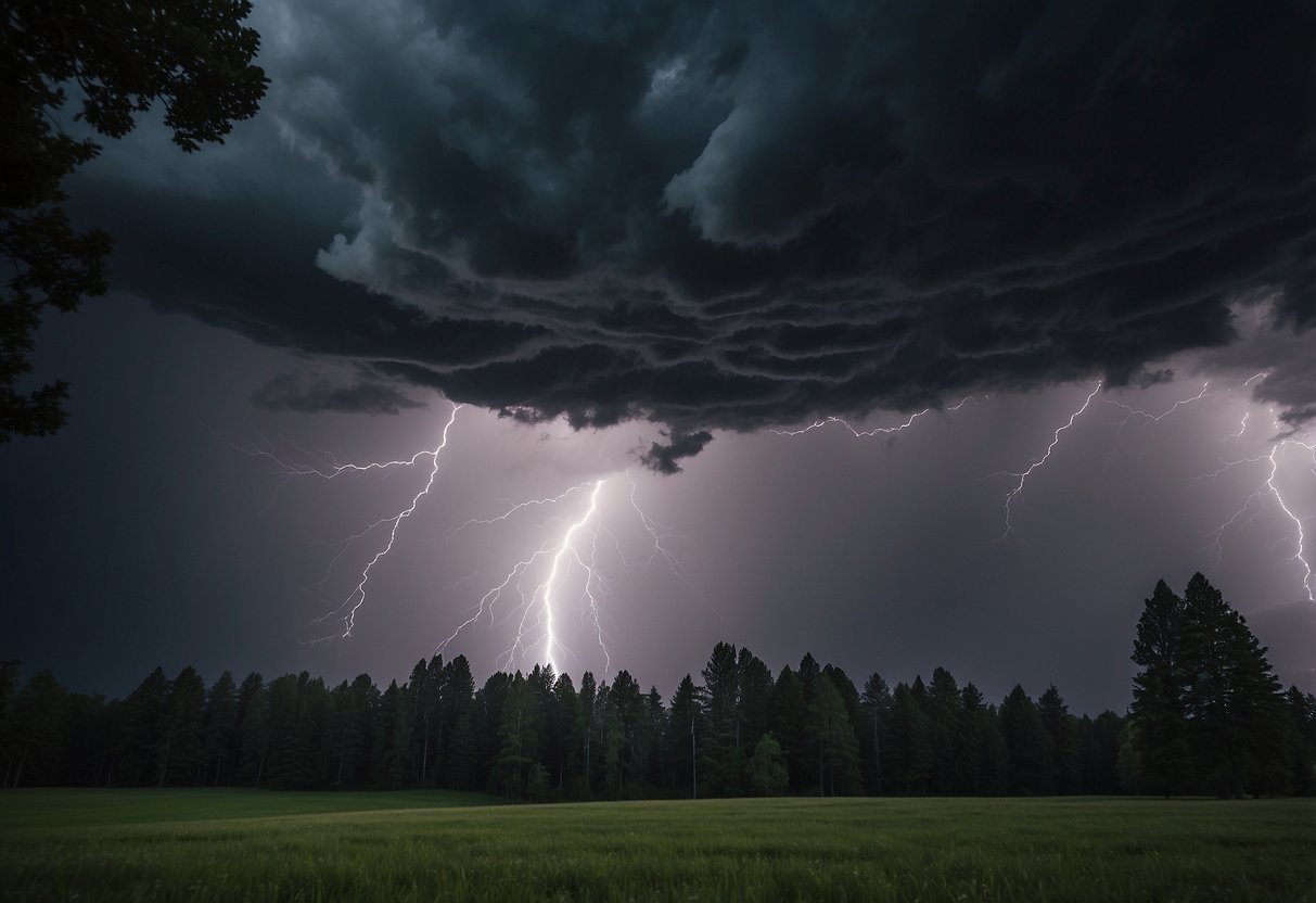 Dark clouds loom overhead as lightning streaks across the sky. Trees sway violently in the wind as rain pours down. The atmosphere is tense with the impending storm