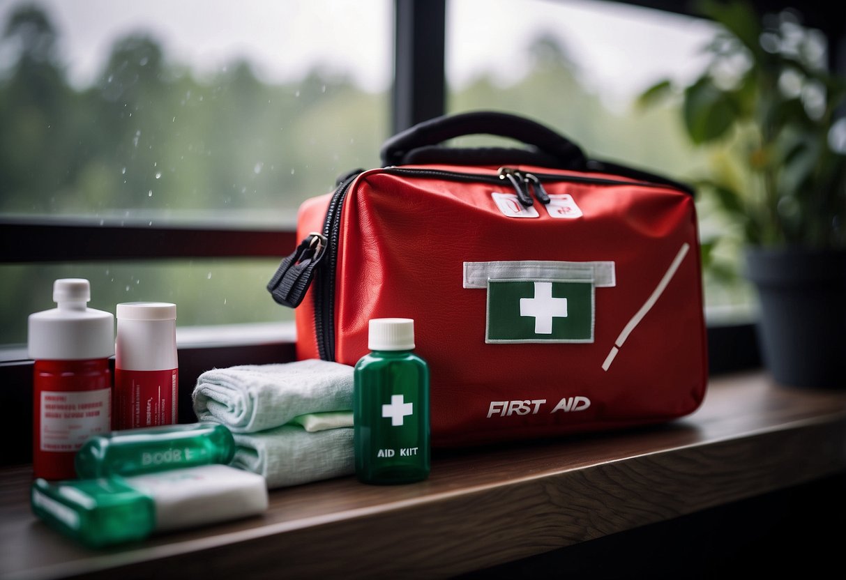 A first aid kit on a shelf, with a storm outside