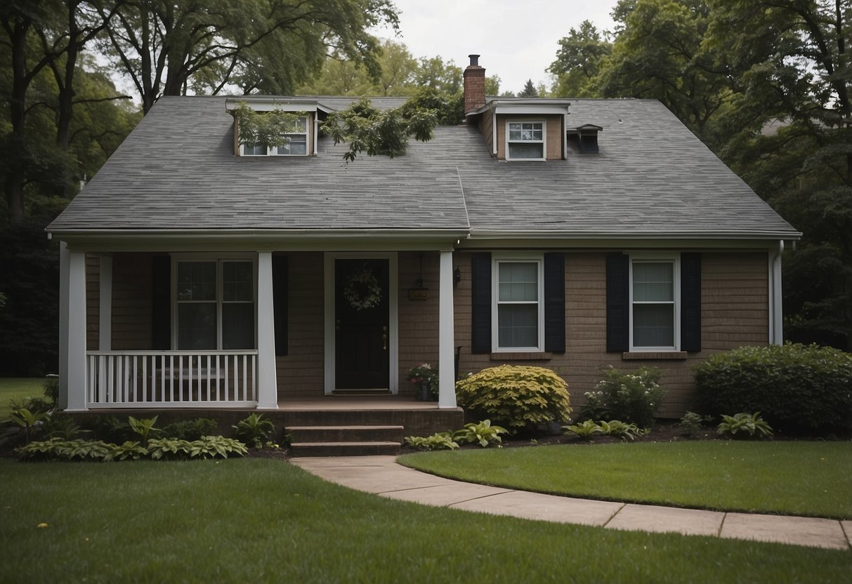 A house with boarded windows, secured doors, and cleared gutters. Emergency supplies, including flashlights and water, are stocked. Outdoor furniture and loose items are secured or brought inside