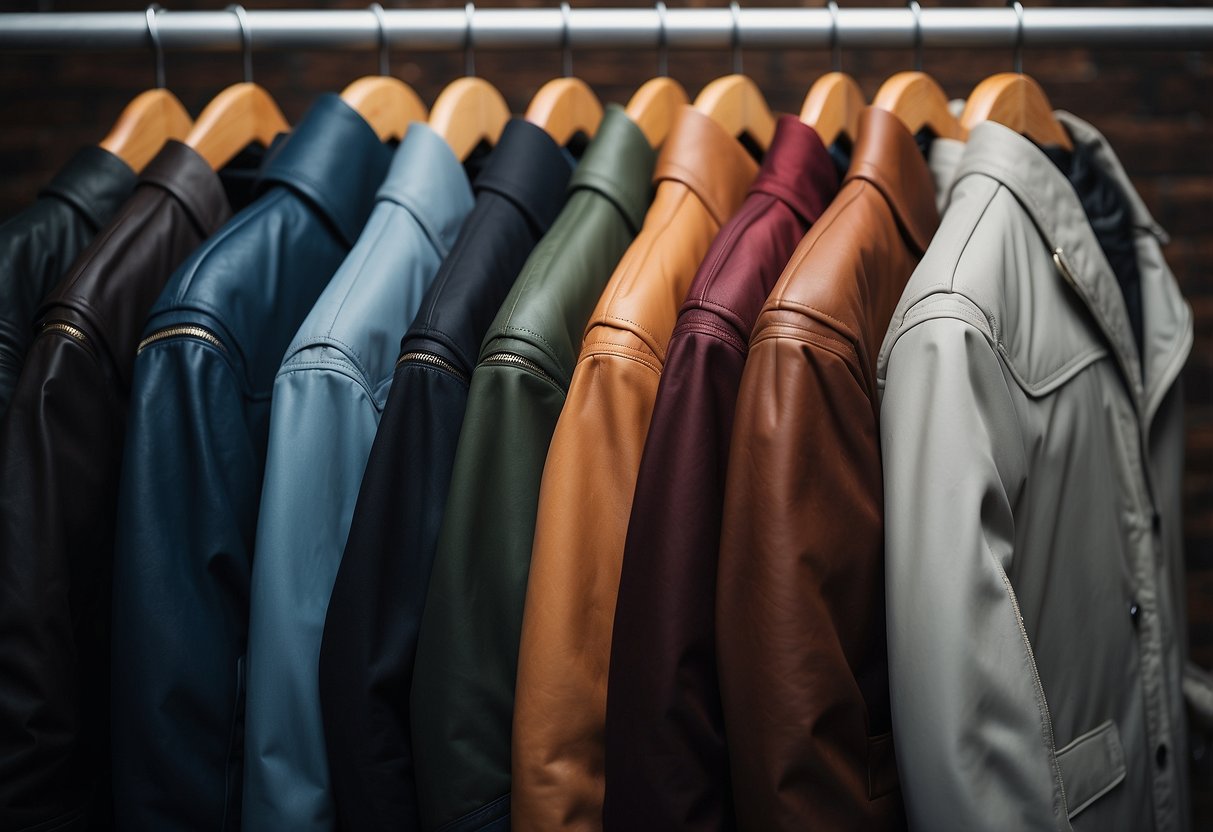 Five sleek riding jackets hang on a rack, each in a different color. The lightweight material and streamlined design are evident, with reflective details for added visibility