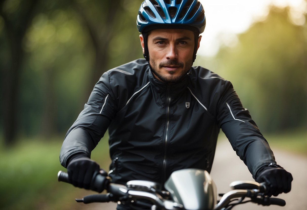 A rider effortlessly zips up a lightweight jacket, feeling comfortable and secure. The jacket's sleek design and breathable fabric make it perfect for long rides