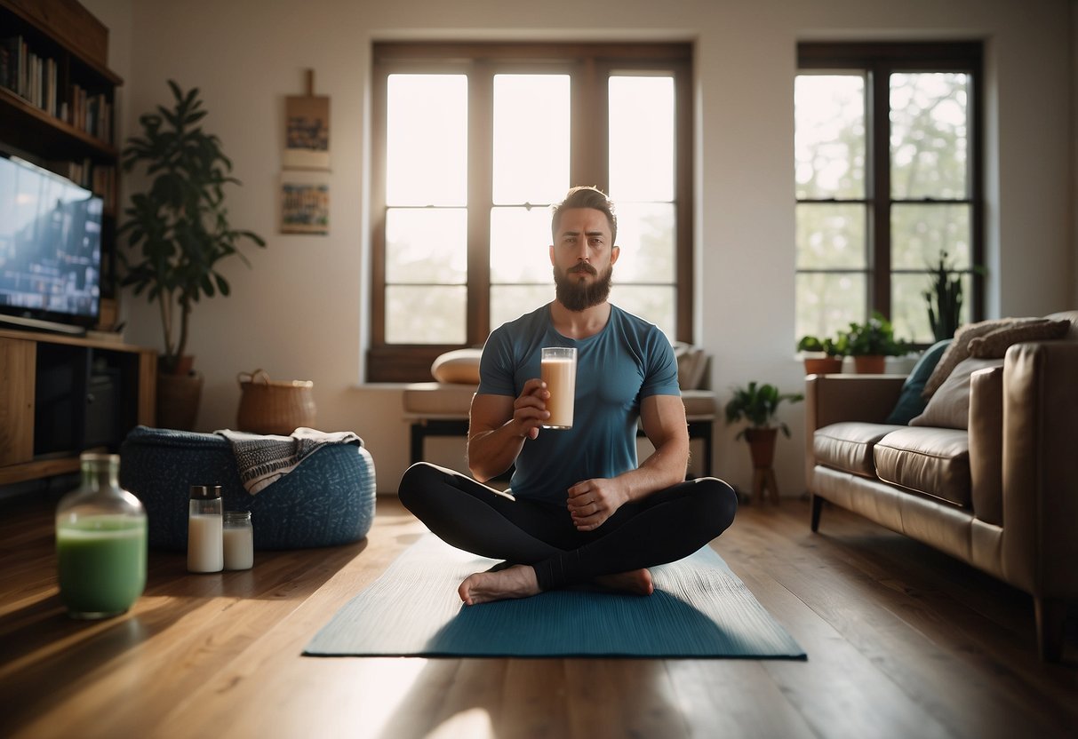 A cyclist sits in a cozy living room, sipping on a protein shake and stretching out their muscles. A foam roller and yoga mat are nearby, along with a book on nutrition