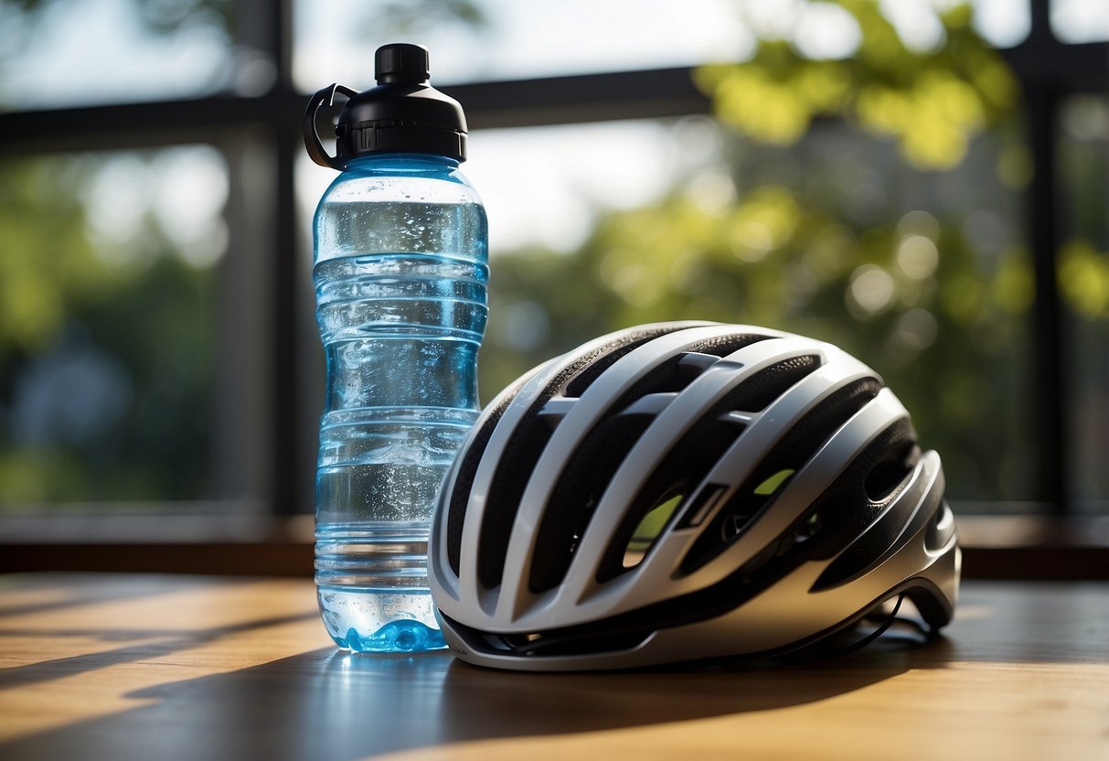 A water bottle with electrolyte solution sits on a table next to a towel and bike helmet. Sunlight streams through a window onto the items