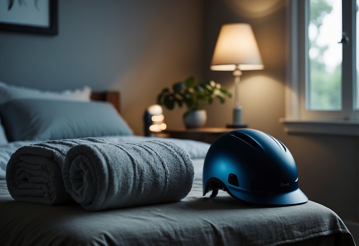 A peaceful bedroom with a cozy bed, a glass of water, a foam roller, and a towel. A bike helmet and water bottle sit nearby. The room is dimly lit, creating a calming atmosphere