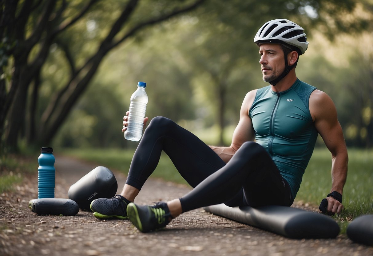 A cyclist in compression gear rests with water bottle, foam roller, and recovery snacks nearby. Stretching and relaxing in a peaceful setting