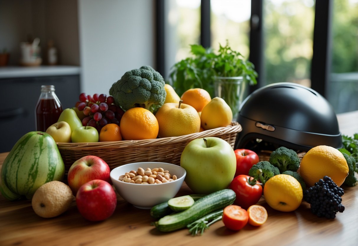 A colorful spread of fruits, vegetables, nuts, and fish on a table. A bicycle and helmet in the background. Text "Eat Anti-Inflammatory Foods 10 Post-Ride Recovery Tips" above the scene