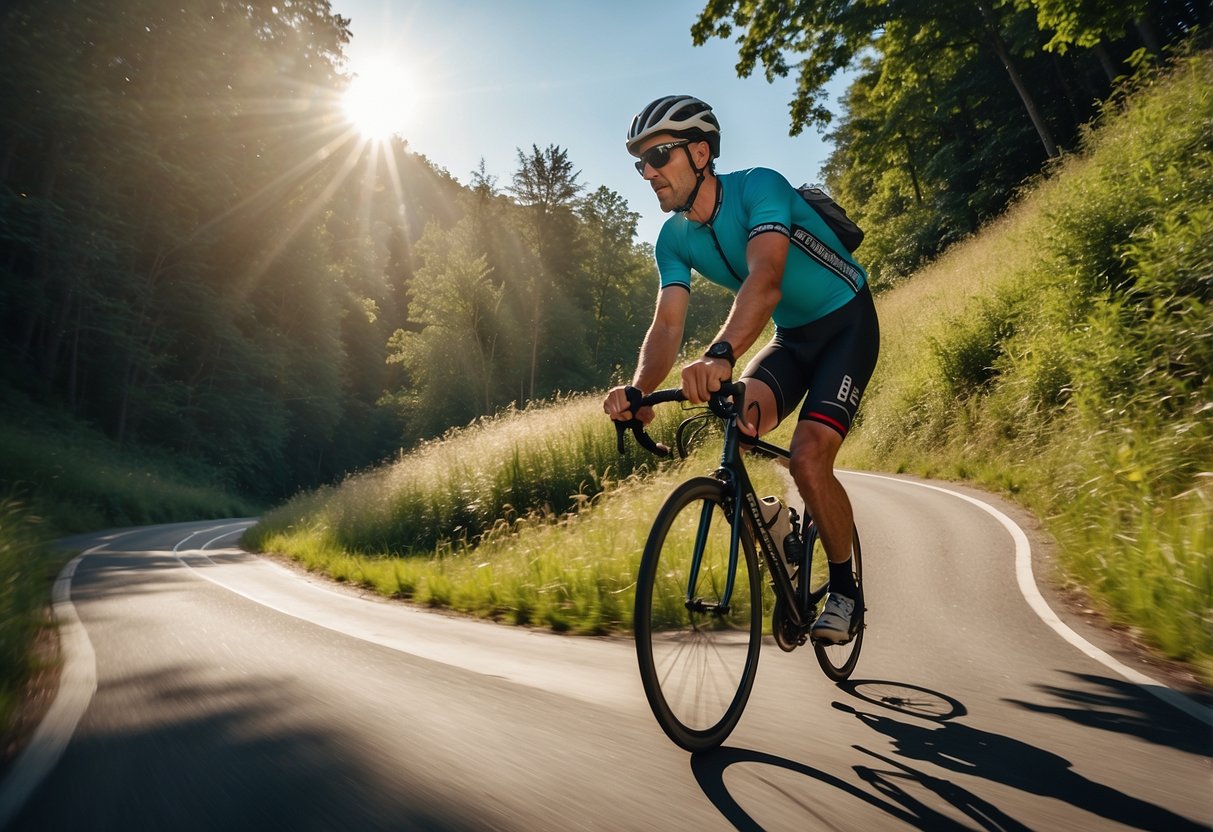 A cyclist pedaling along a winding road, surrounded by lush greenery and a clear blue sky. The sun is shining, and the cyclist's determined expression shows their motivation to keep going