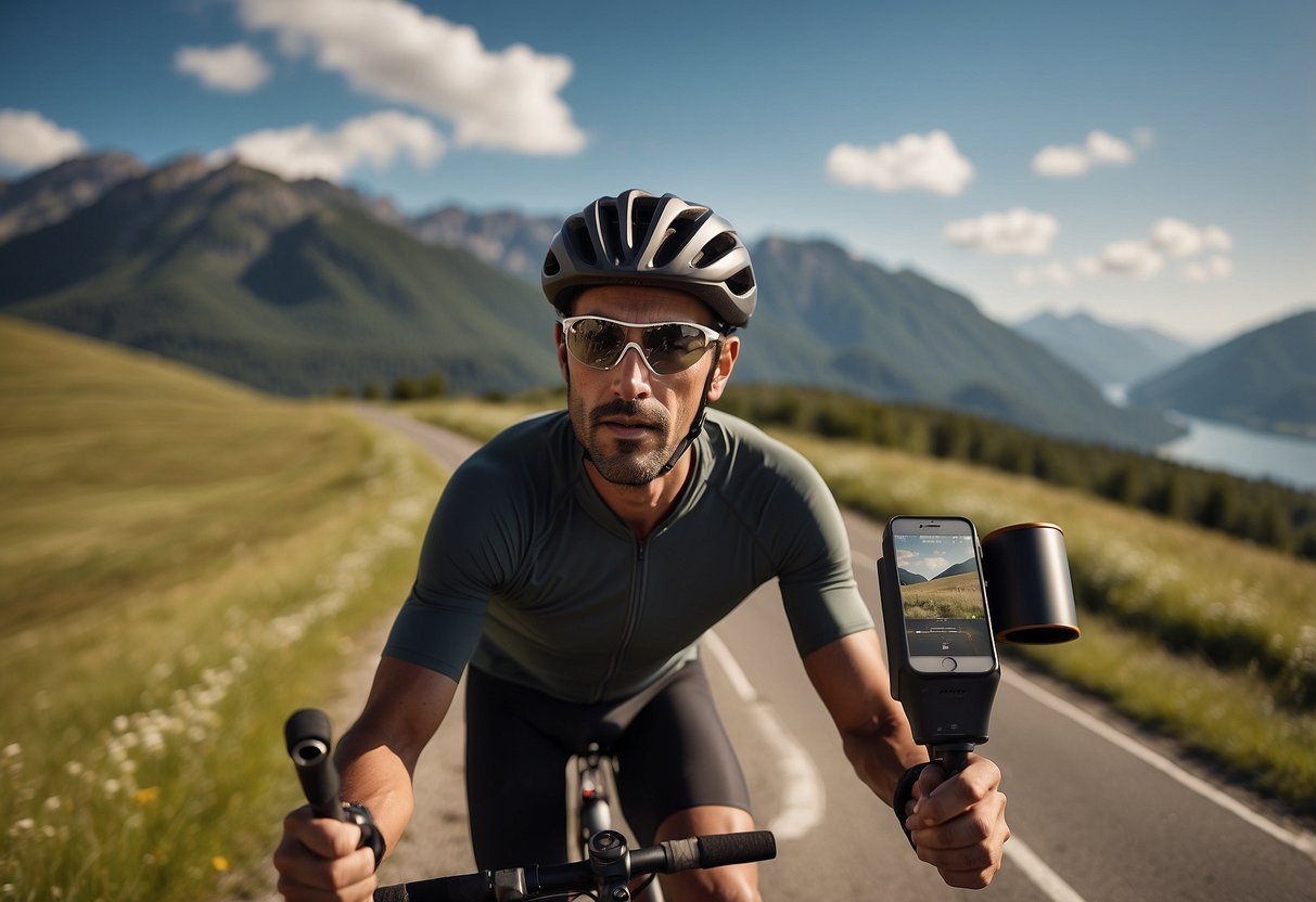 A cyclist on a long ride, surrounded by scenic views and energizing music playing from a portable speaker. The sun is shining, and the cyclist is focused and determined