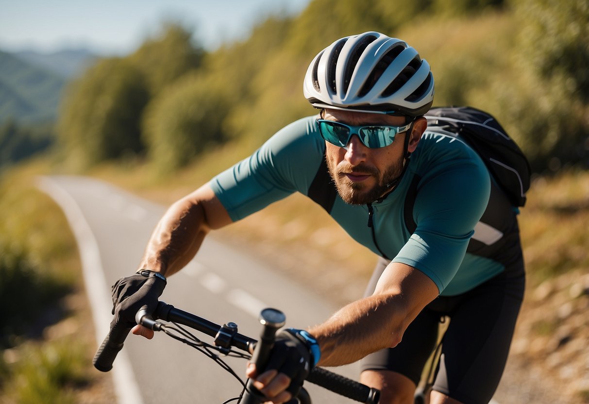 A cyclist riding through a scenic landscape, with a water bottle attached to the bike. The sun is shining, and the cyclist looks determined and focused on the road ahead