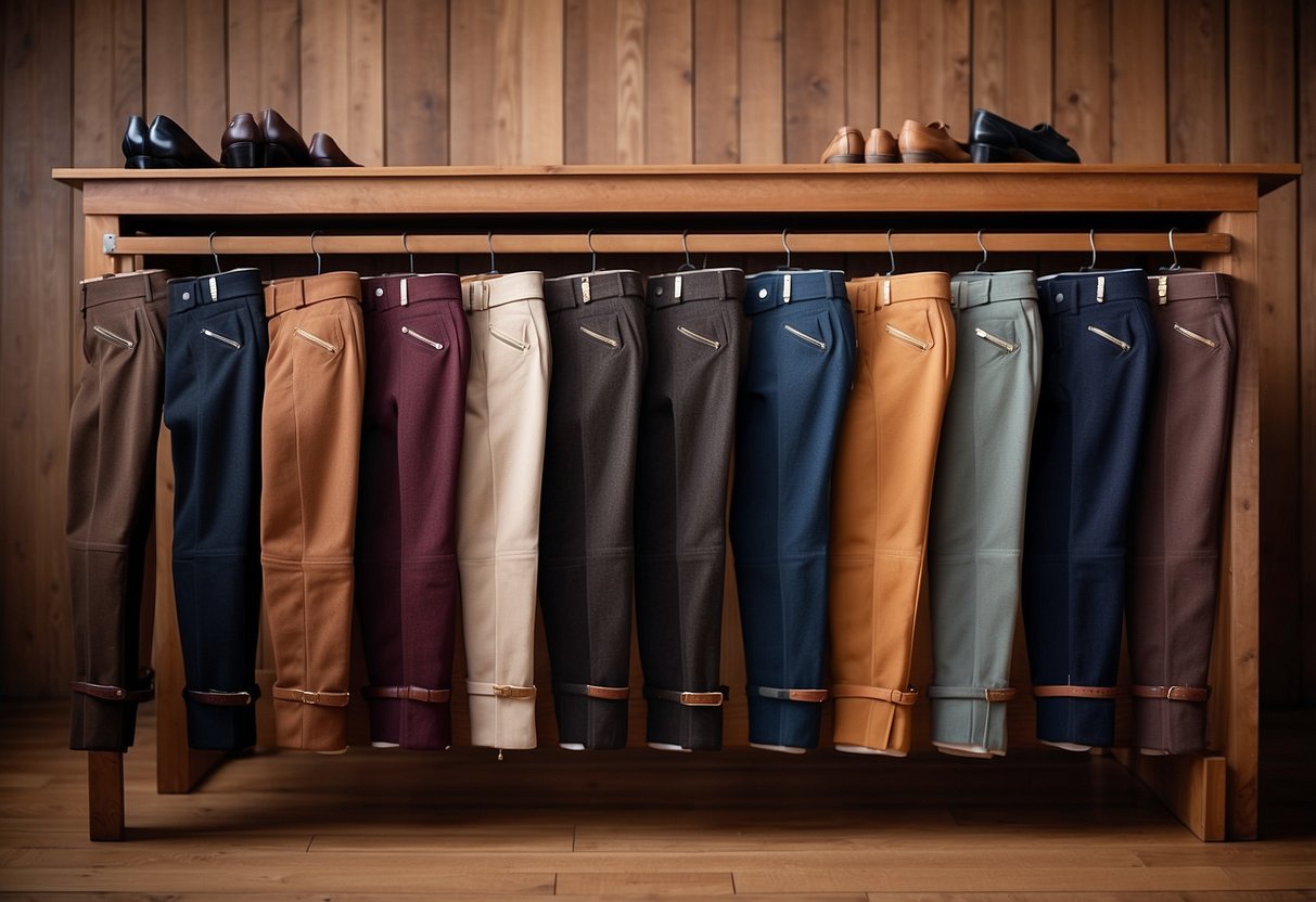 Five pairs of riding breeches neatly arranged on a wooden display rack, with various colors and styles to choose from