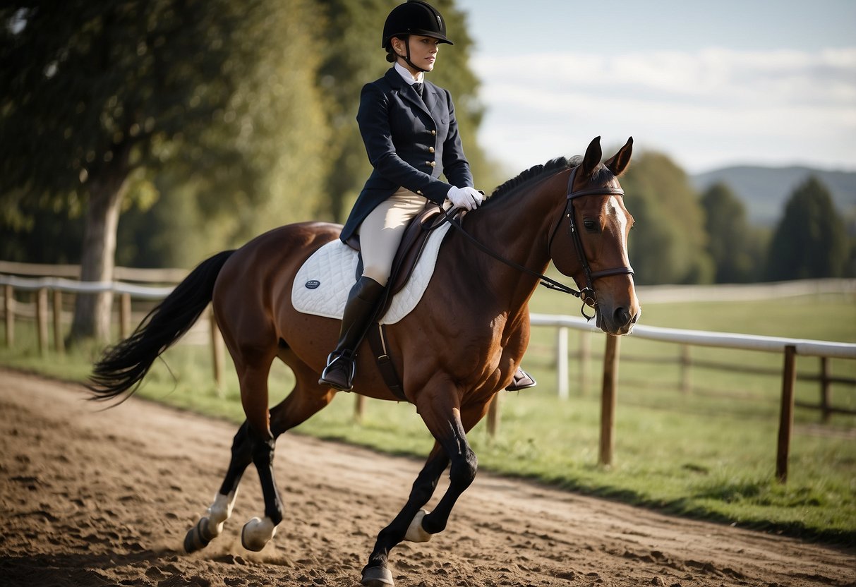 A rider wearing Romfh Sarafina Full Seat Breeches sits tall in the saddle, legs elegantly stretched down, reins held with precision. Horse's powerful muscles ripple underneath the sleek fabric