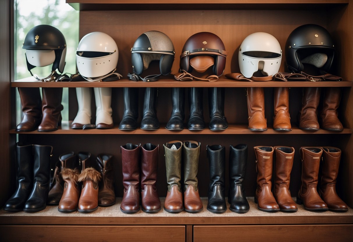 A rider's closet with 5 pairs of riding breeches in various colors and materials neatly folded on a shelf, with a riding helmet and boots nearby