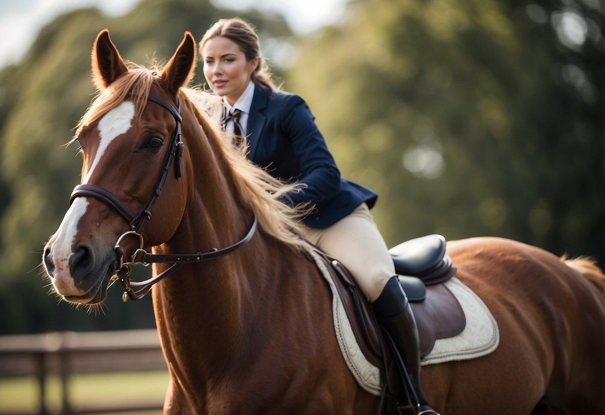 A horseback rider wearing well-fitted breeches, sitting comfortably in the saddle, with a secure grip and smooth leg position