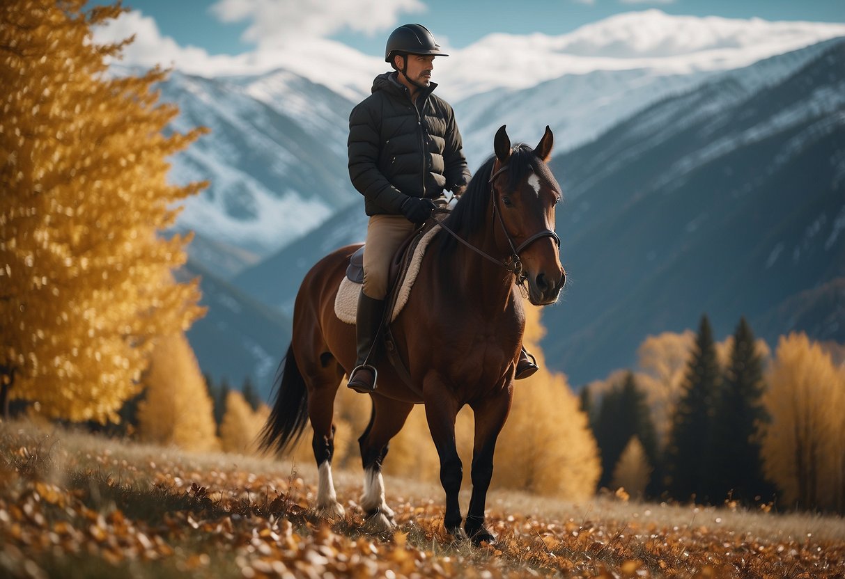 A rider in breeches, surrounded by changing leaves and snow-capped mountains, with a horse nearby