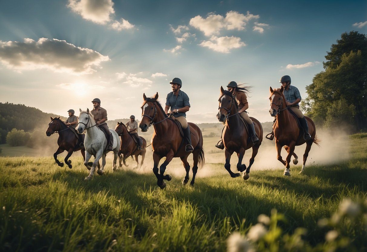 A group of horses galloping through a lush green meadow, with a clear blue sky overhead. In the background, a rider is using a horseback riding app on their smartphone