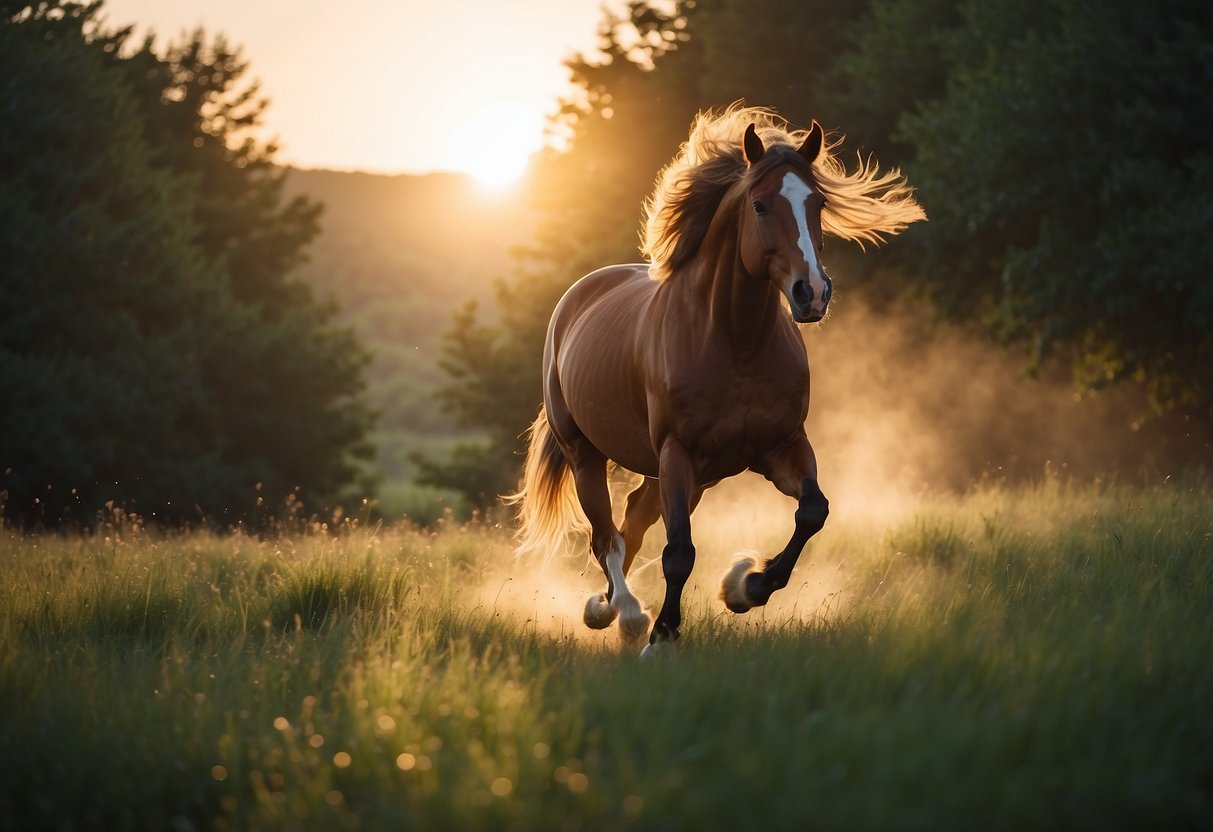 A horse gallops through a lush green field, its mane flowing in the wind as it kicks up dust behind. The sun sets in the distance, casting a warm glow on the landscape