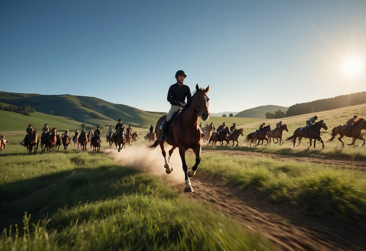 A rider gallops through a lush, rolling landscape, surrounded by grazing horses and a clear blue sky