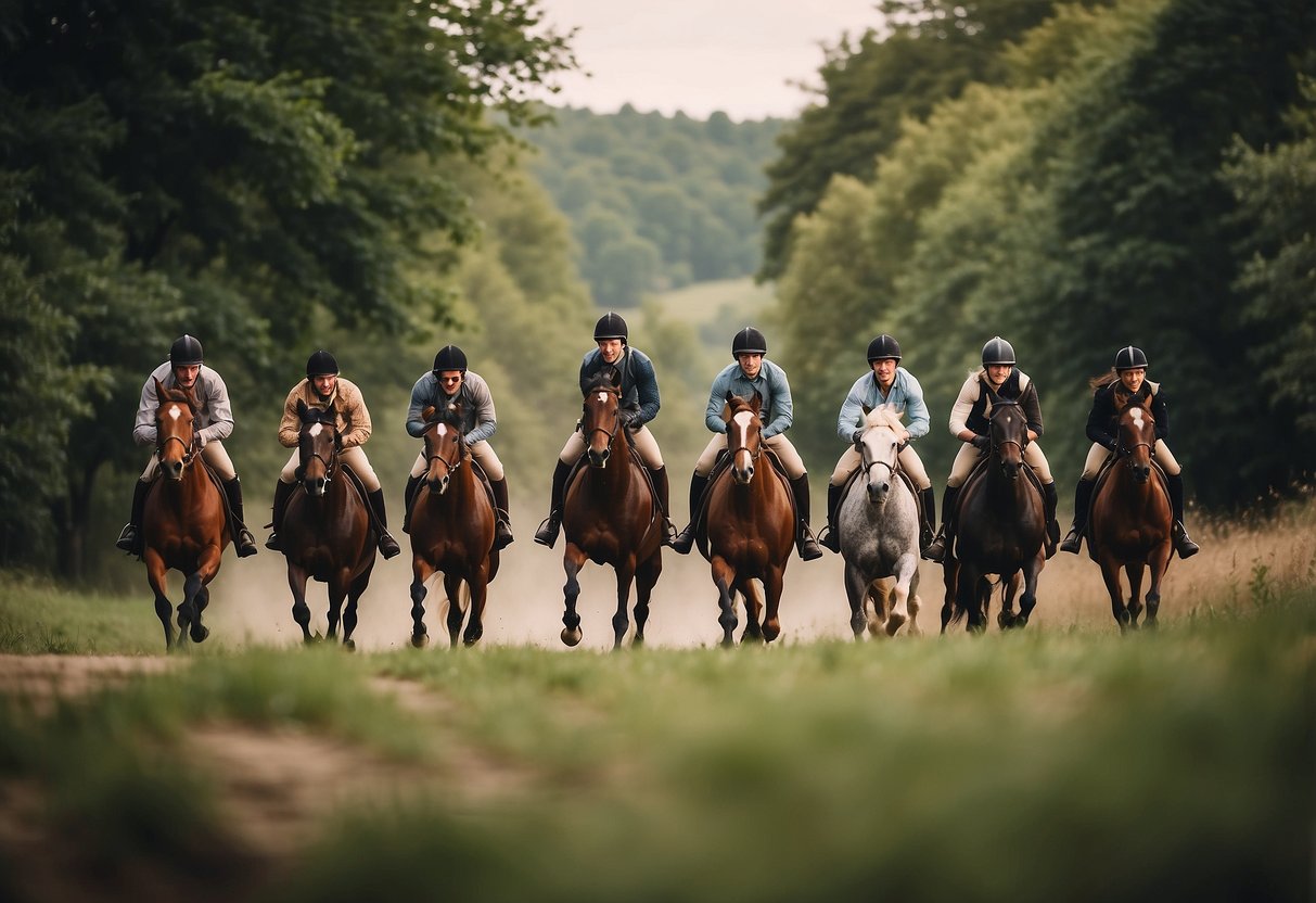 A group of horses galloping through a picturesque countryside, with a rider using the Ridesum app to track their progress and improve their riding skills