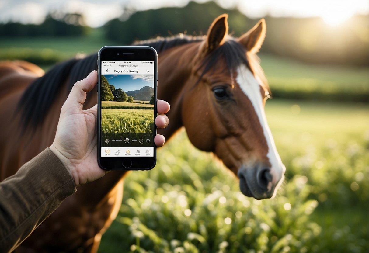 A horse grazing in a lush pasture with a smartphone displaying the "Haynet 10 Best Apps for Horseback Riding" on a sunny day