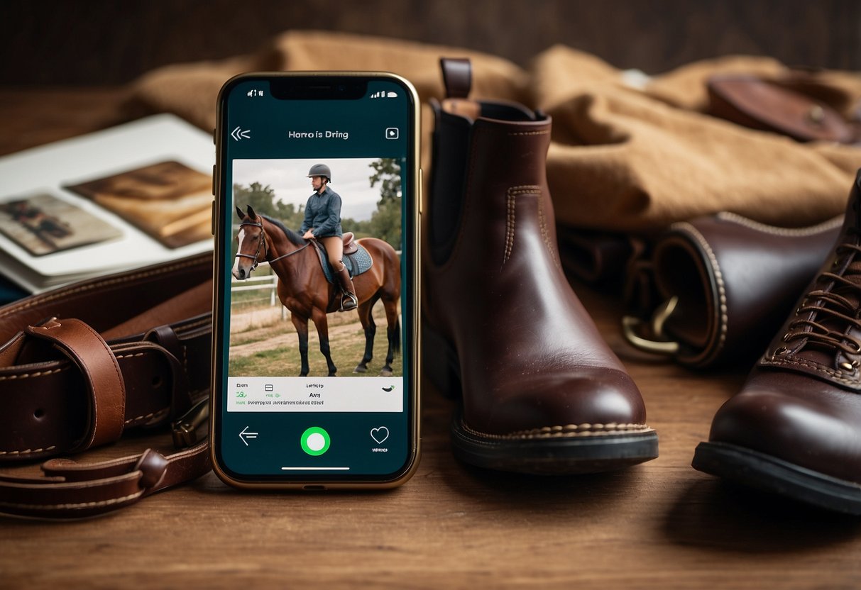 A saddle, bridle, and riding boots lay neatly arranged next to a smartphone displaying a list of the "10 Best Apps for Horseback Riding."