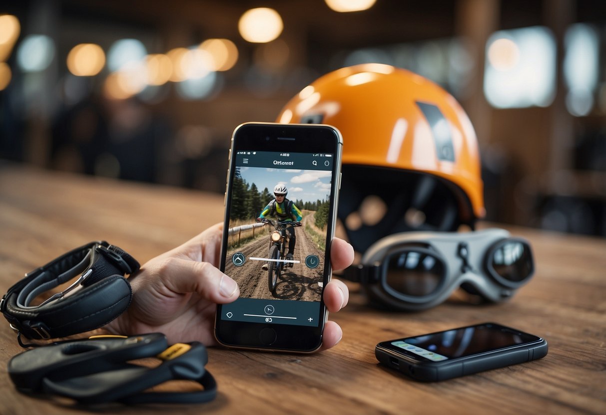 A beginner rider downloading horseback riding apps on a smartphone, surrounded by safety gear and a helmet