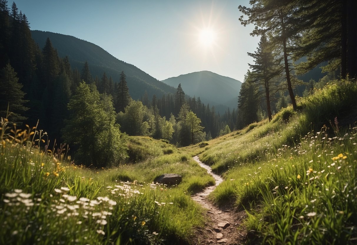 A winding trail cuts through a lush forest, dappled sunlight filtering through the canopy. A small stream gurgles alongside, with wildflowers blooming at its edge. The trail leads to a breathtaking vista, with mountains in the distance