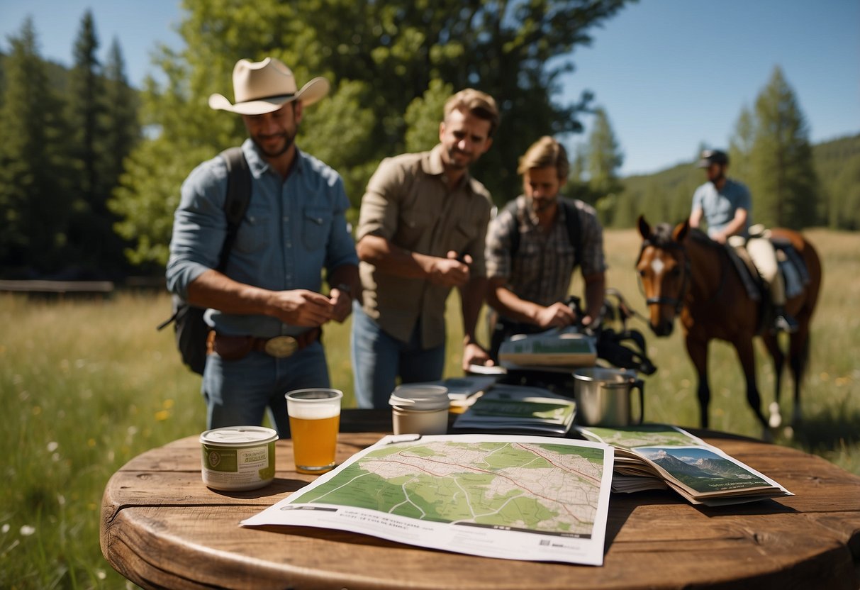 A group of riders gather at a trailhead, discussing and sharing tips for finding the perfect riding trail. Maps and brochures are spread out on a picnic table, while horses graze nearby