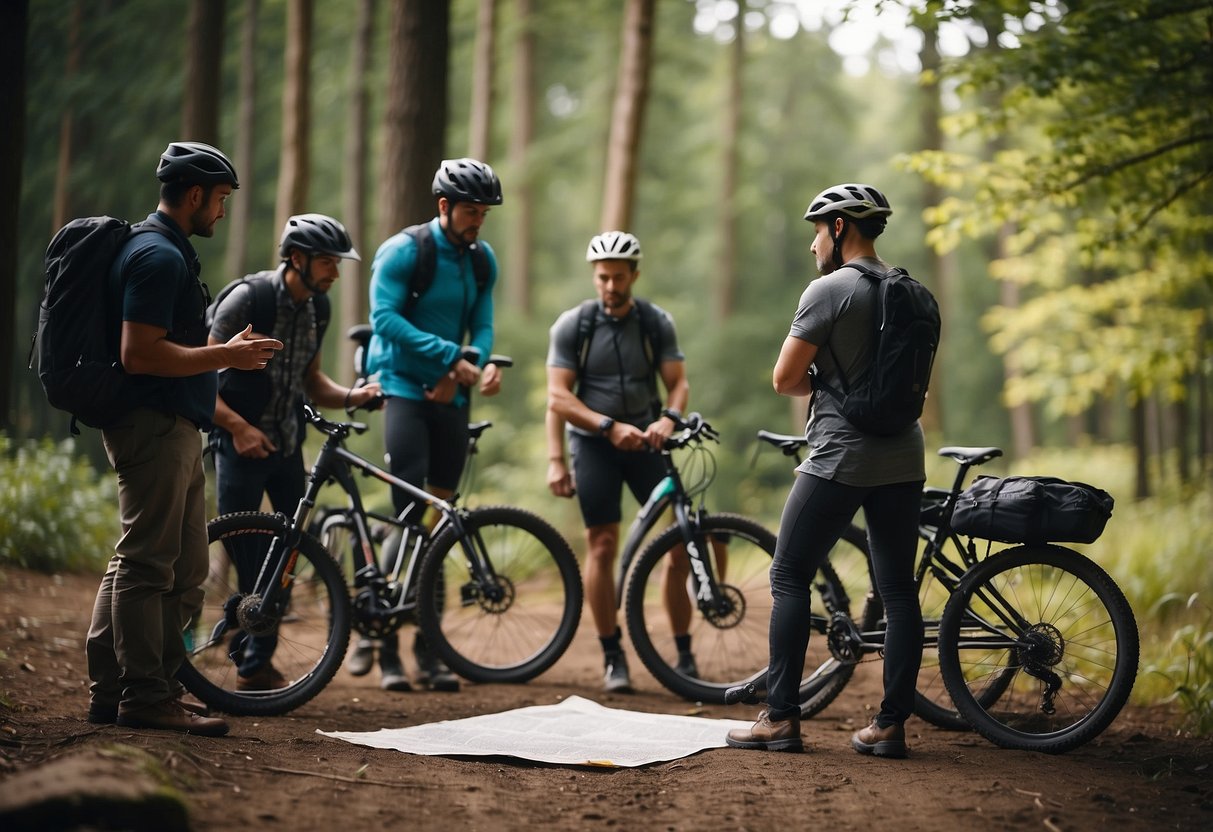 Riders gather around a trail map, exchanging tips and pointing to favorite routes. Bikes lean against a nearby tree, ready for the adventure ahead