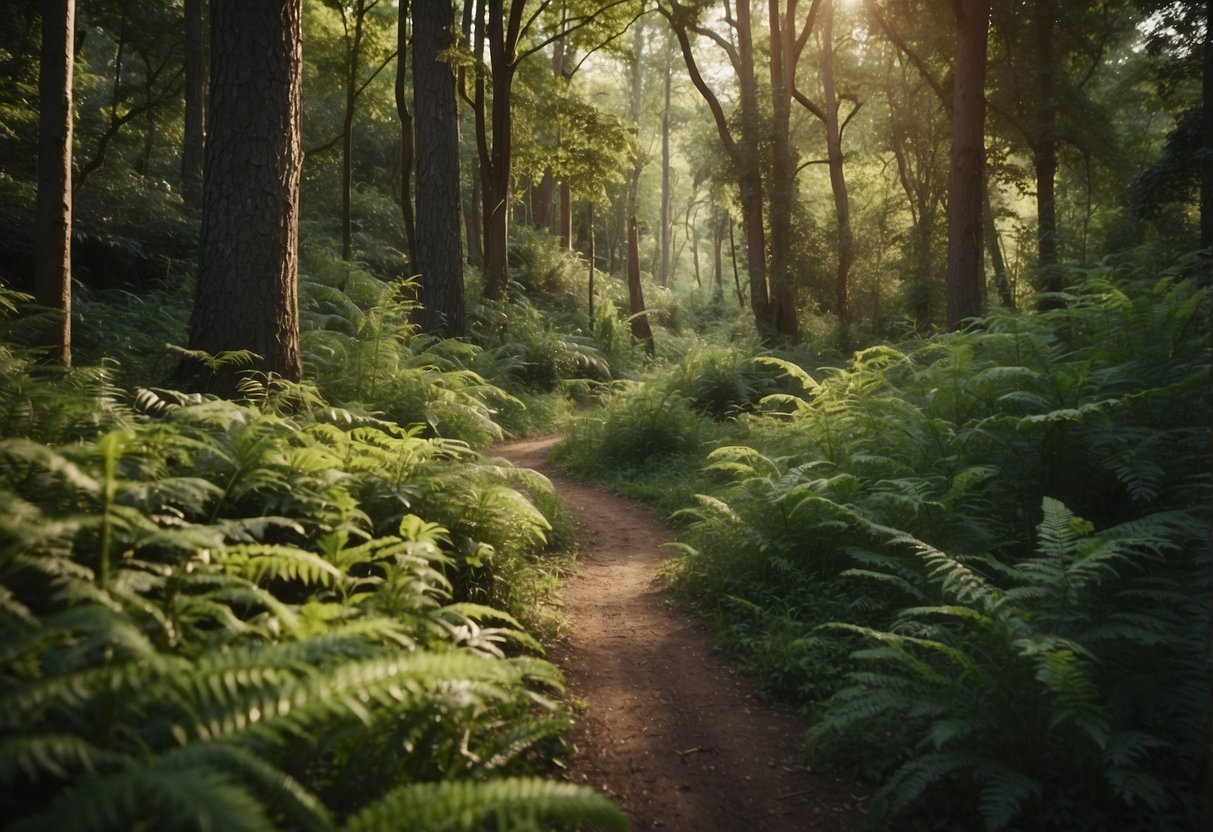 Lush forest trail with diverse wildlife, winding through a serene landscape. Clear signs of animal activity, from tracks to bird calls