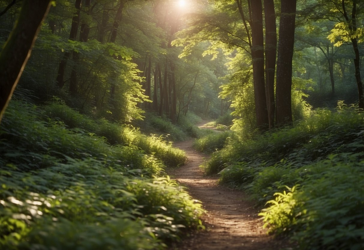 A winding trail cuts through a lush forest, with varying terrain and obstacles. Signs indicate different trail types, from beginner to advanced. Sunlight filters through the trees, creating dappled shadows on the path