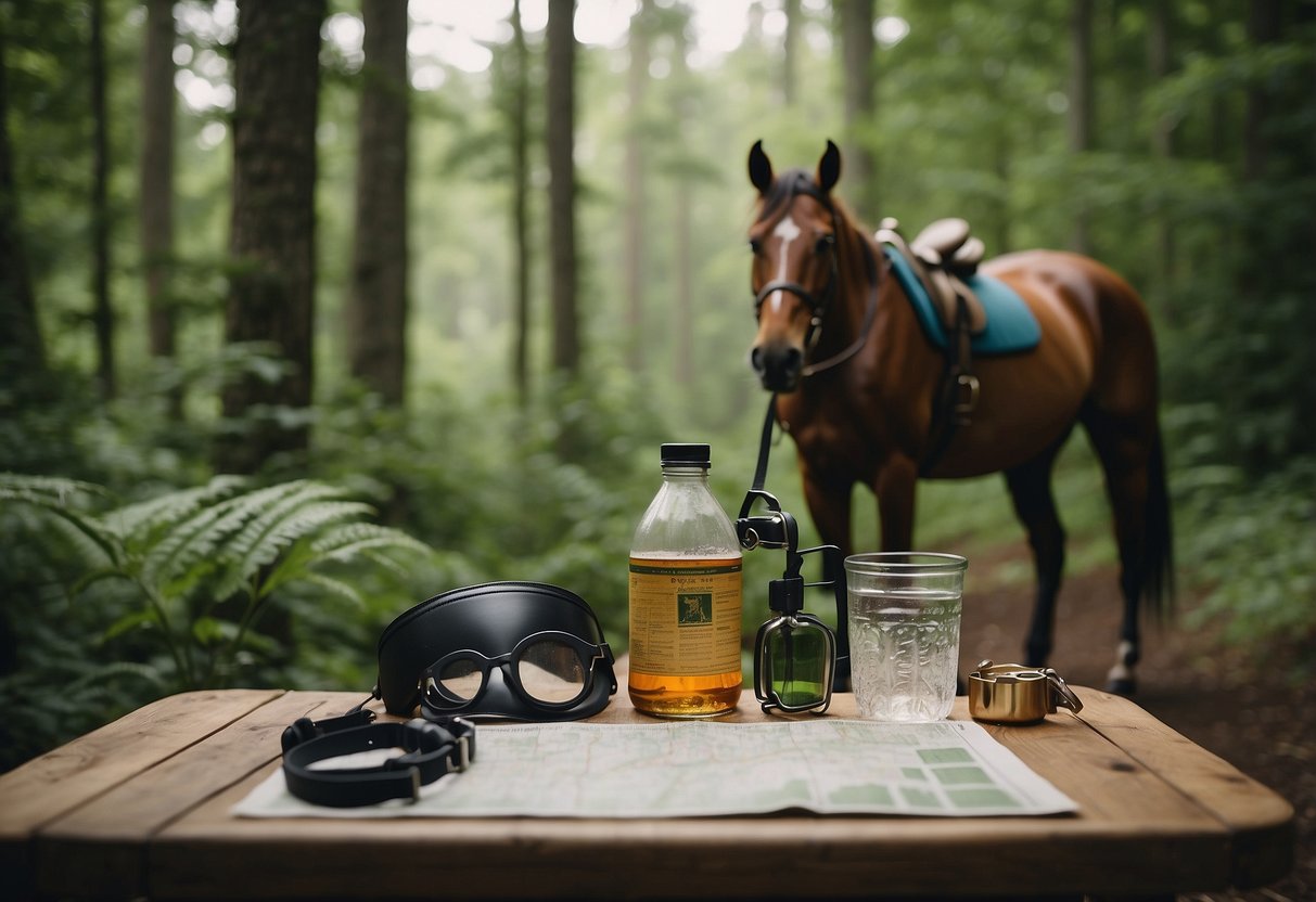 A horse saddled with riding gear, standing next to a trail map and water bottle, surrounded by lush trees and a clear trail