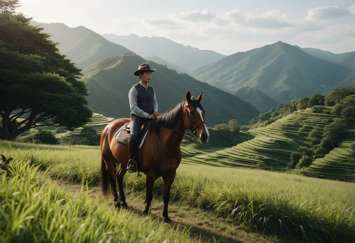 A serene landscape in Semboku, Japan with rolling hills and lush greenery, showcasing 10 scenic horseback riding routes in Asia