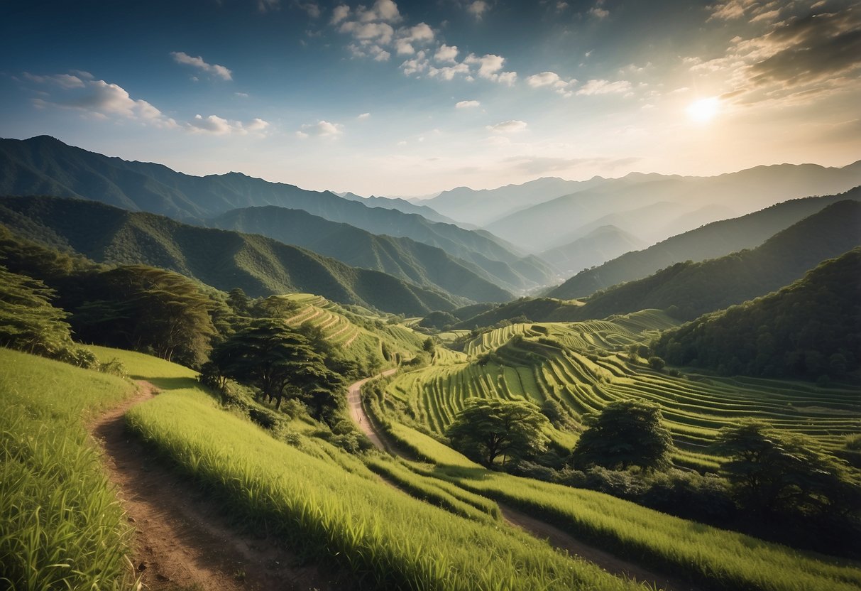 Rolling hills and lush greenery surround a winding trail in Wuling, Taiwan. The serene landscape offers 10 scenic horseback riding routes in Asia