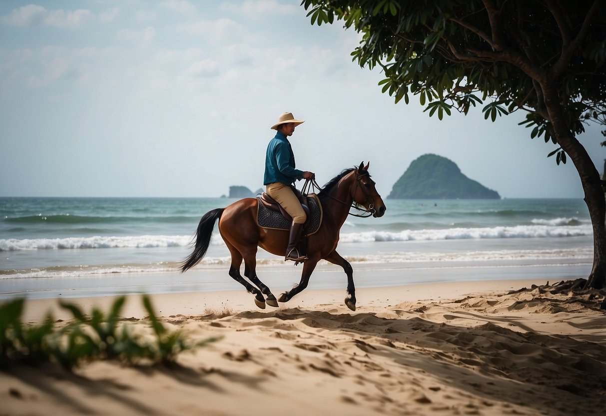 A horseback rider traverses the sandy shores of Do Son Beach, Vietnam, with the backdrop of the ocean and lush greenery along the scenic route