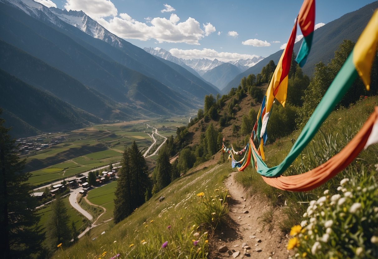 A winding trail through the lush Paro Valley, with snow-capped mountains in the distance and colorful prayer flags fluttering in the breeze