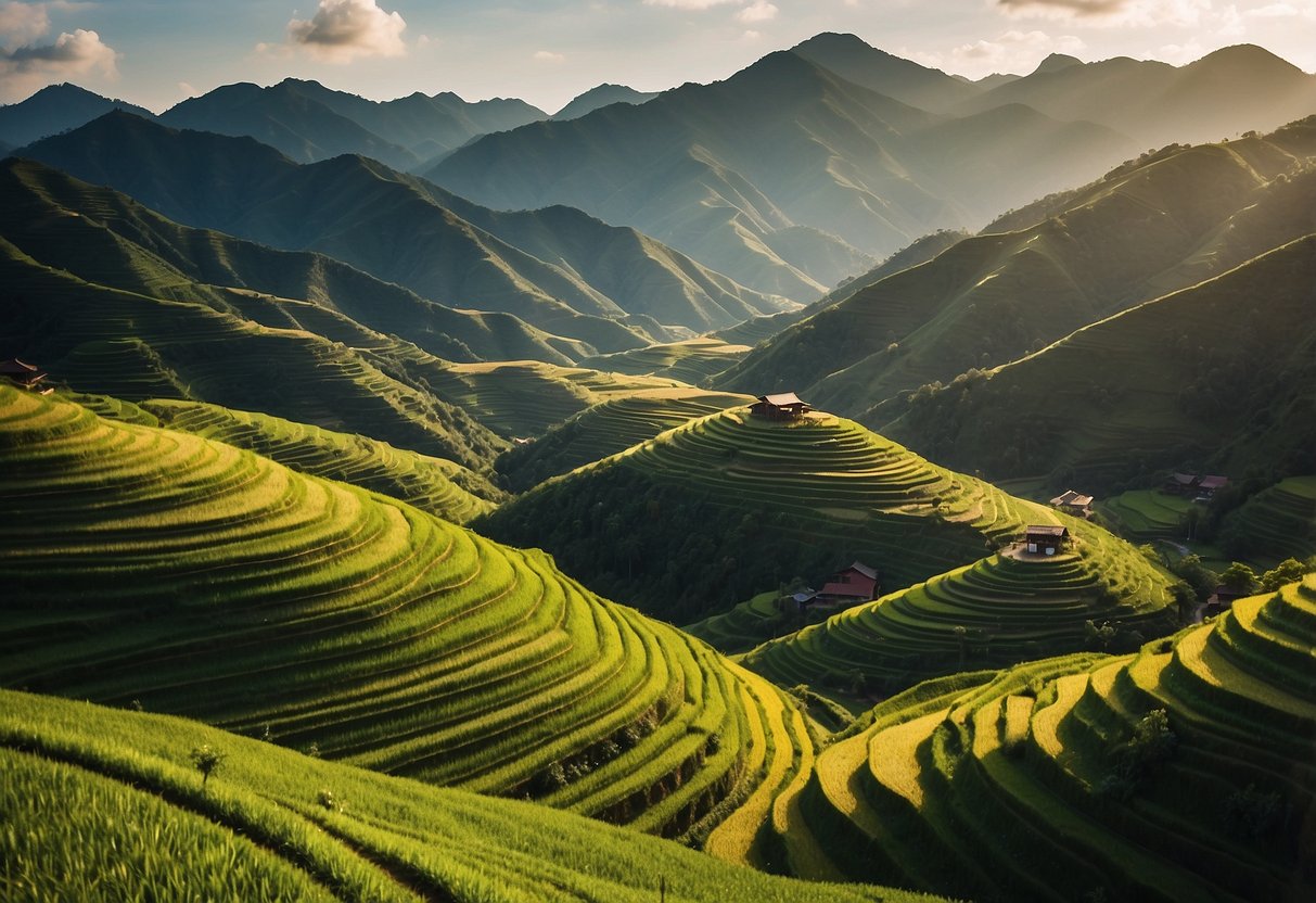 Rolling hills of Mu Cang Chai, Vietnam. Lush green landscapes with winding horseback trails. Mountainous backdrop and serene atmosphere