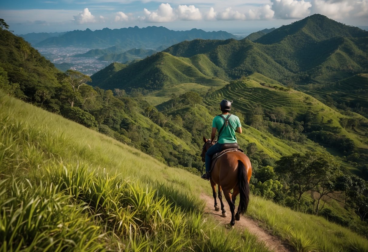 A horseback rider traverses lush green hills overlooking Kota Kinabalu, Malaysia. The serene landscape showcases the beauty of Asia's scenic riding routes