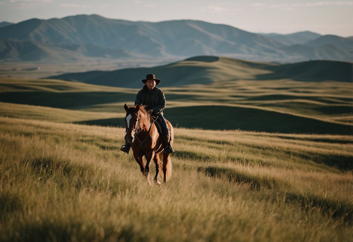 Rolling hills of Ulaanbaatar, Mongolia. A lone horseback rider traverses scenic routes through vast grasslands and rugged terrain