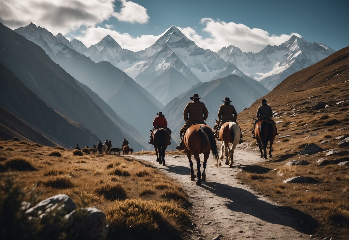 A group of horses traverse through the breathtaking landscapes of Sagarmatha National Park, Nepal. The snow-capped mountains, lush forests, and winding trails provide a picturesque backdrop for horseback riding