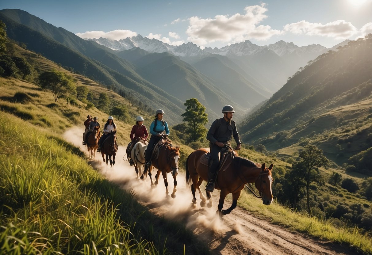 Riders traverse lush forests, winding rivers, and rolling hills on horseback. Snow-capped mountains provide a stunning backdrop as they explore scenic routes in Asia