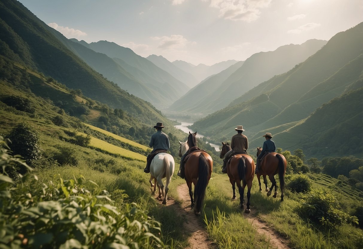 A group of horses traverse a lush, winding trail through the Asian countryside, passing by serene rivers, towering mountains, and vibrant fields