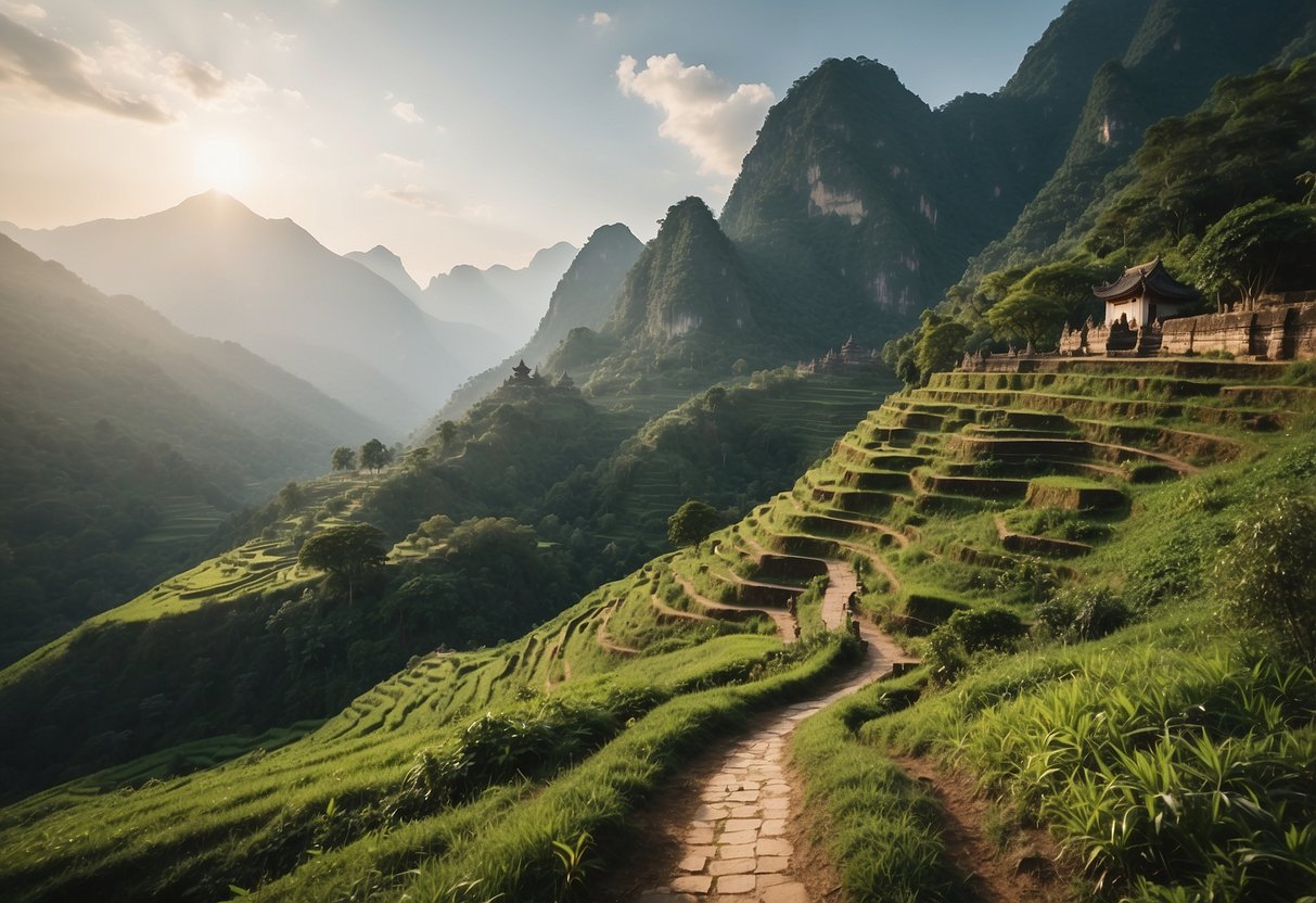 A serene mountain trail winds through lush greenery, with a backdrop of ancient temples and traditional villages in Asia