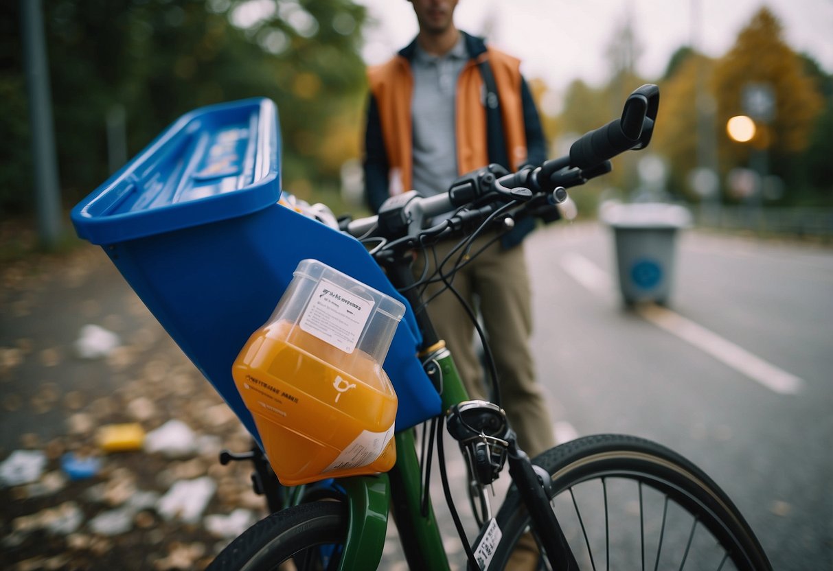 A cyclist tosses a plastic bottle into a recycling bin. Nearby, a composting station collects food scraps. A sign displays "7 Tips for Managing Waste While Riding."