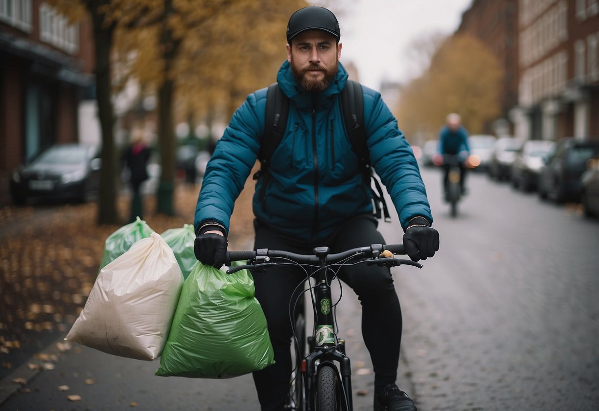 A cyclist carrying biodegradable waste bags on their bike, with tips for managing waste displayed in the background