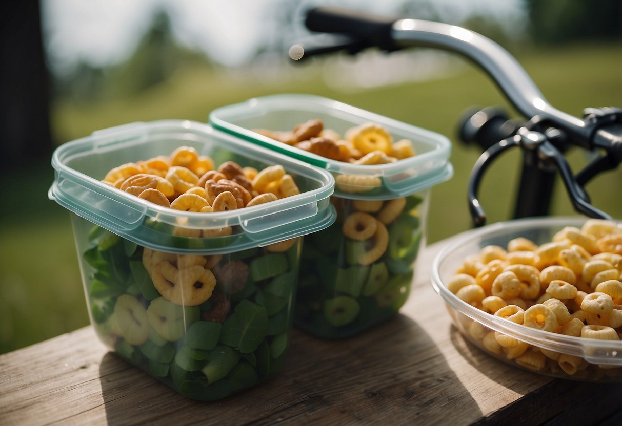 Snacks packed in reusable containers, bike riding scene with waste management tips